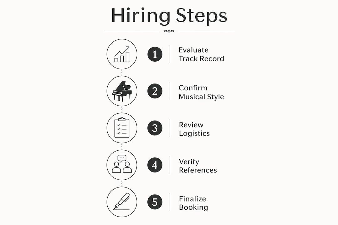 Infographic showing steps to hire gala pianist
