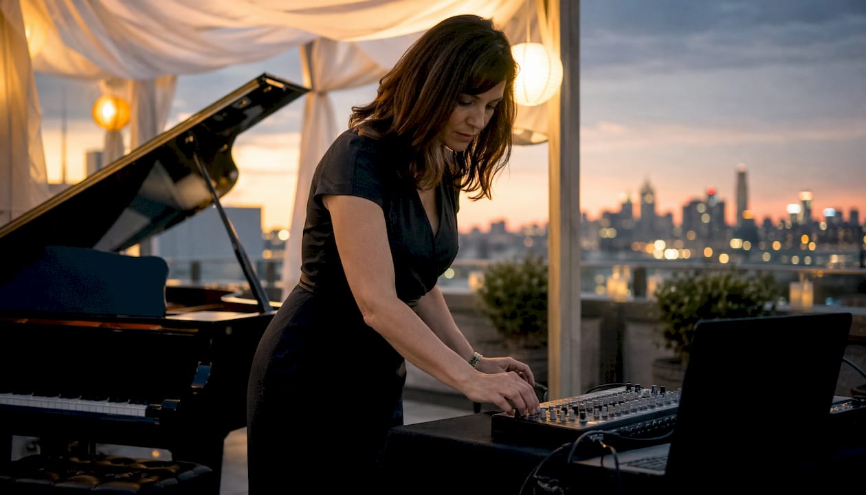 Pianist adjusting sound mixer at outdoor event