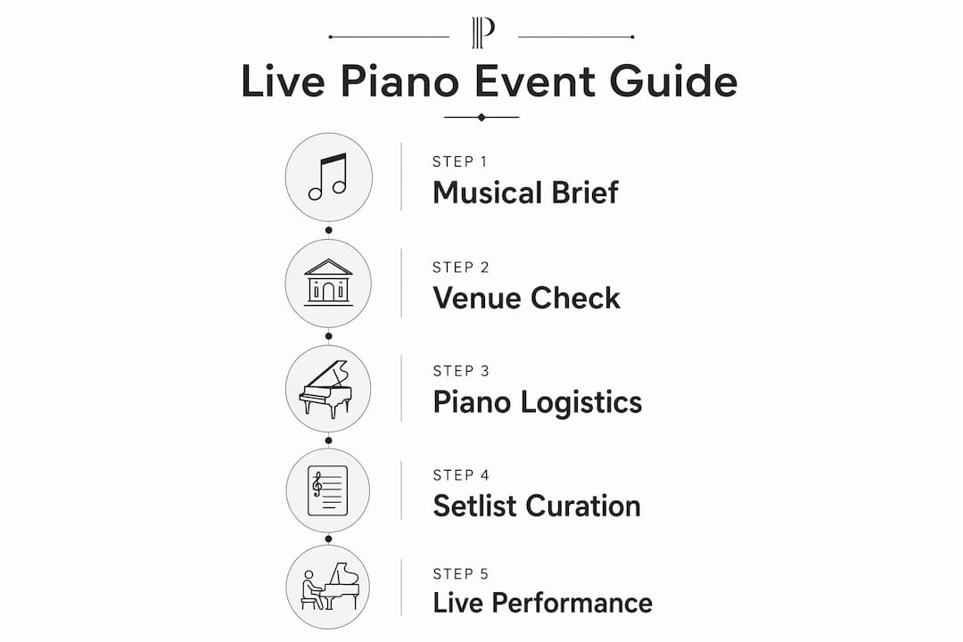 Infographic outlining five steps for live piano event planning