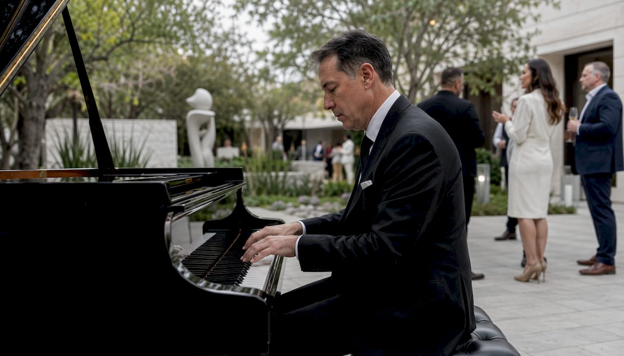 Pianist playing grand piano at SoCal grand opening