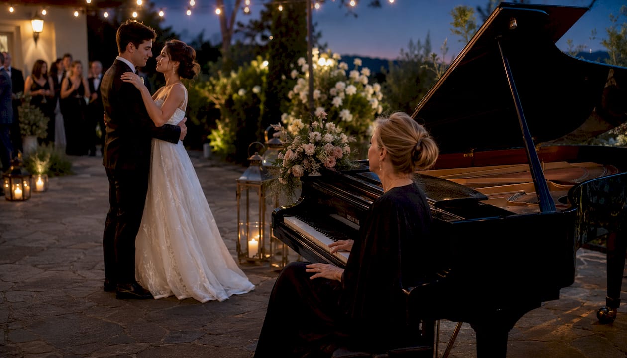 Couple dancing to live piano at wedding