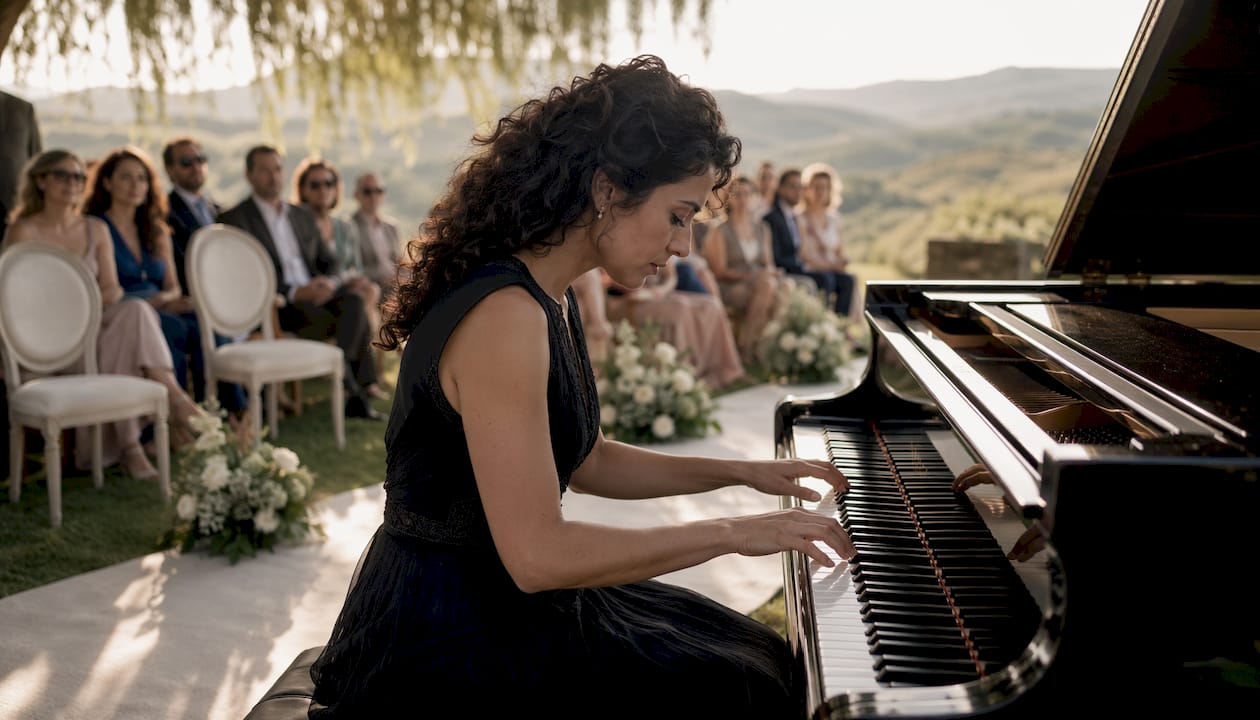 Pianist playing live piano outdoors at wedding
