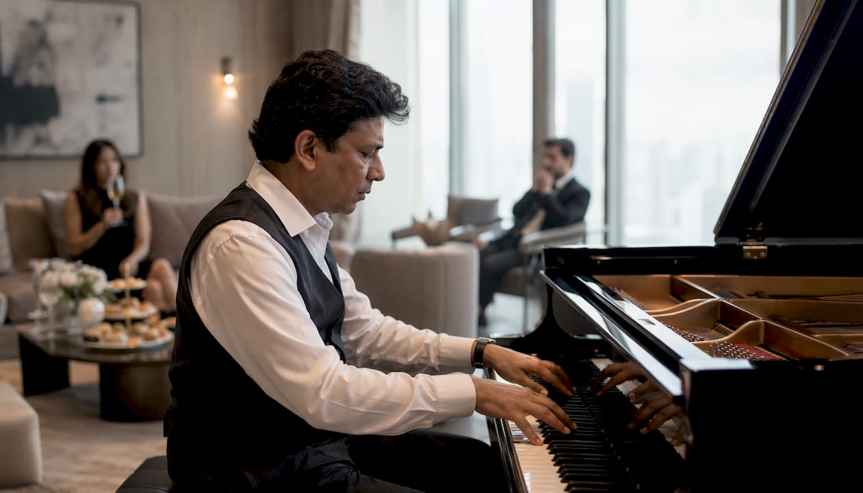 Hands of pianist playing grand piano indoors
