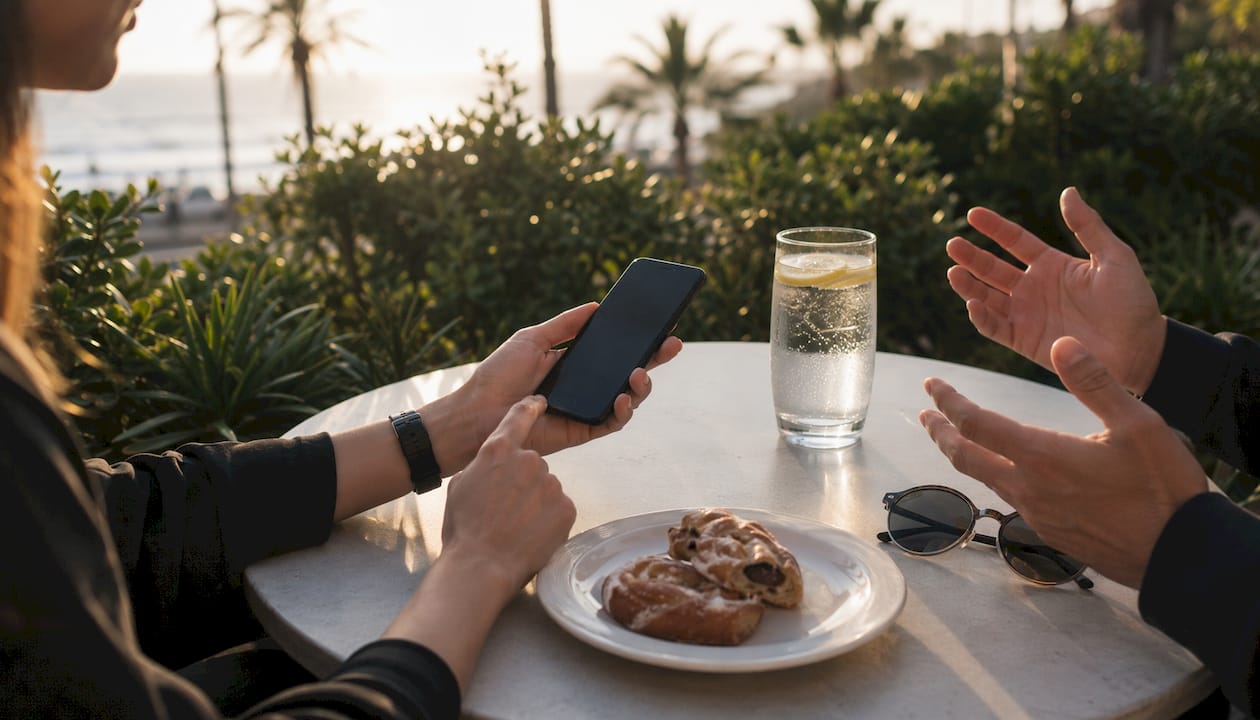 Hands reviewing event booking marketplace app
