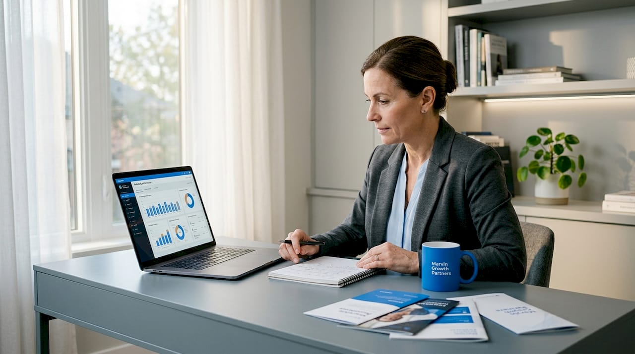 Small business owner reviewing marketing notes