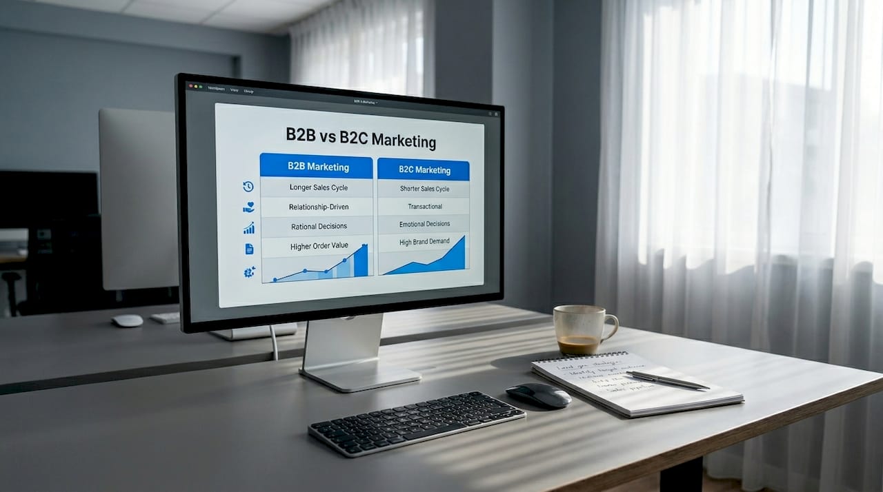 Workspace showing B2B and B2C marketing comparison chart