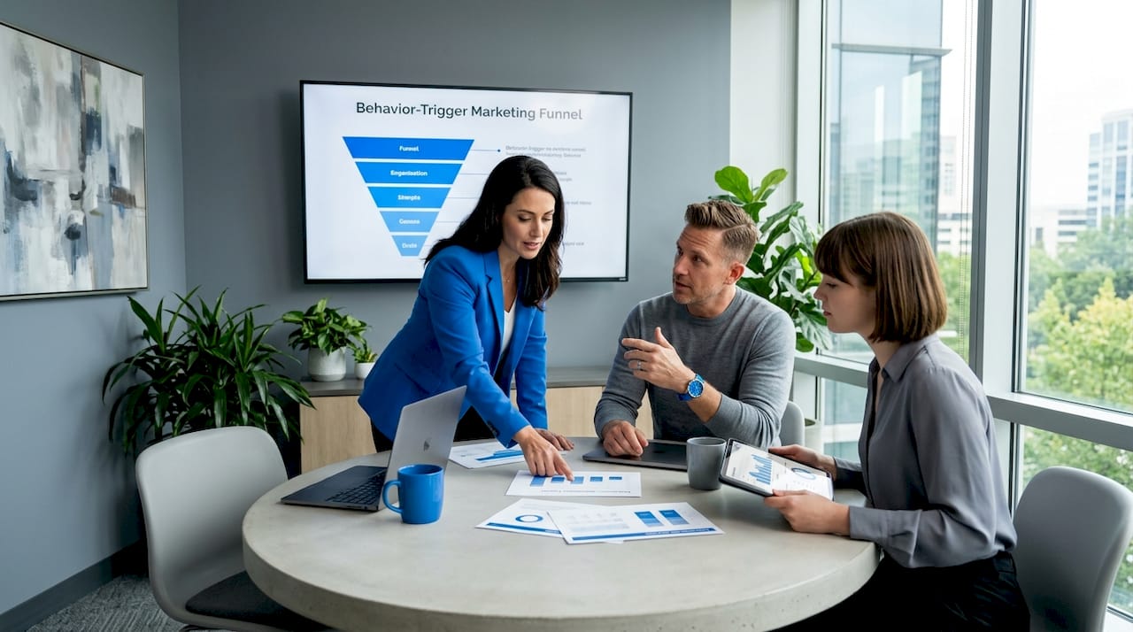 Marketing team analyzing behavioral data reports