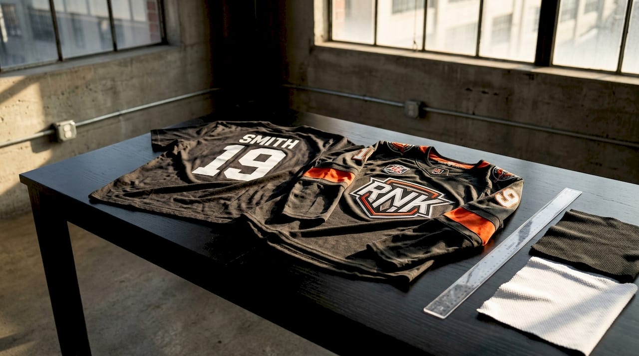 Flat lay of personalized fan shirt and authentic hockey jersey