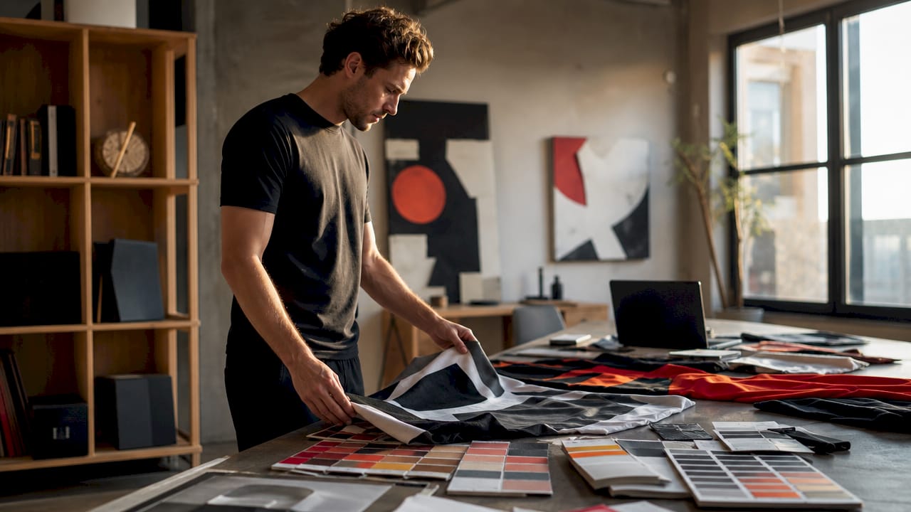 Designer comparing printed fabric samples