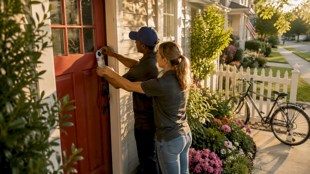 Hands placing door hanger on home door