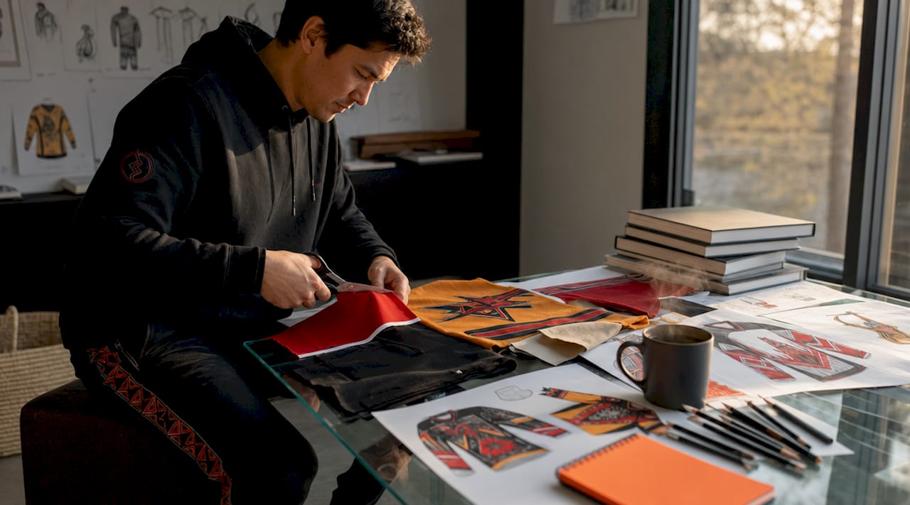 Designer workspace with hockey jersey sketches and fabric samples