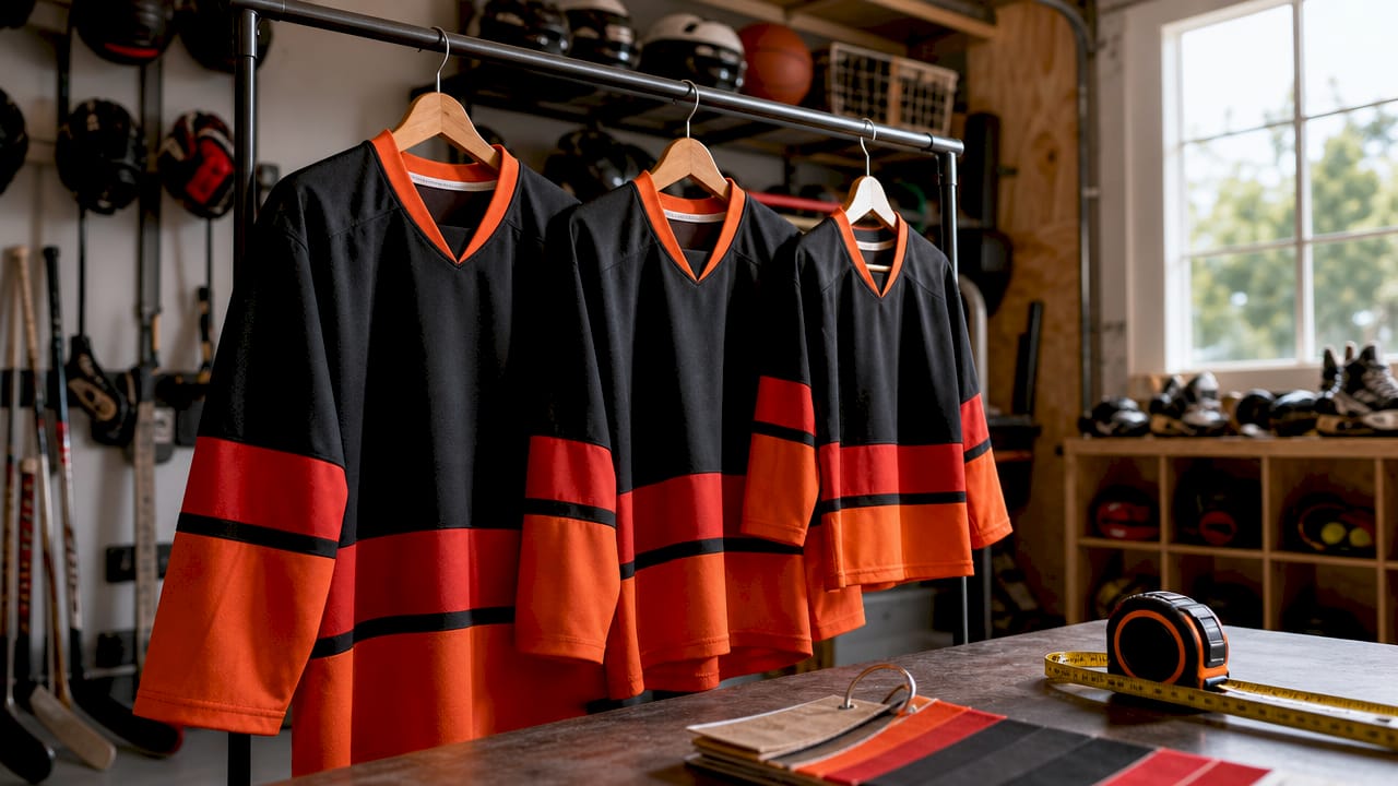 Different youth hockey shirt sizes displayed on table