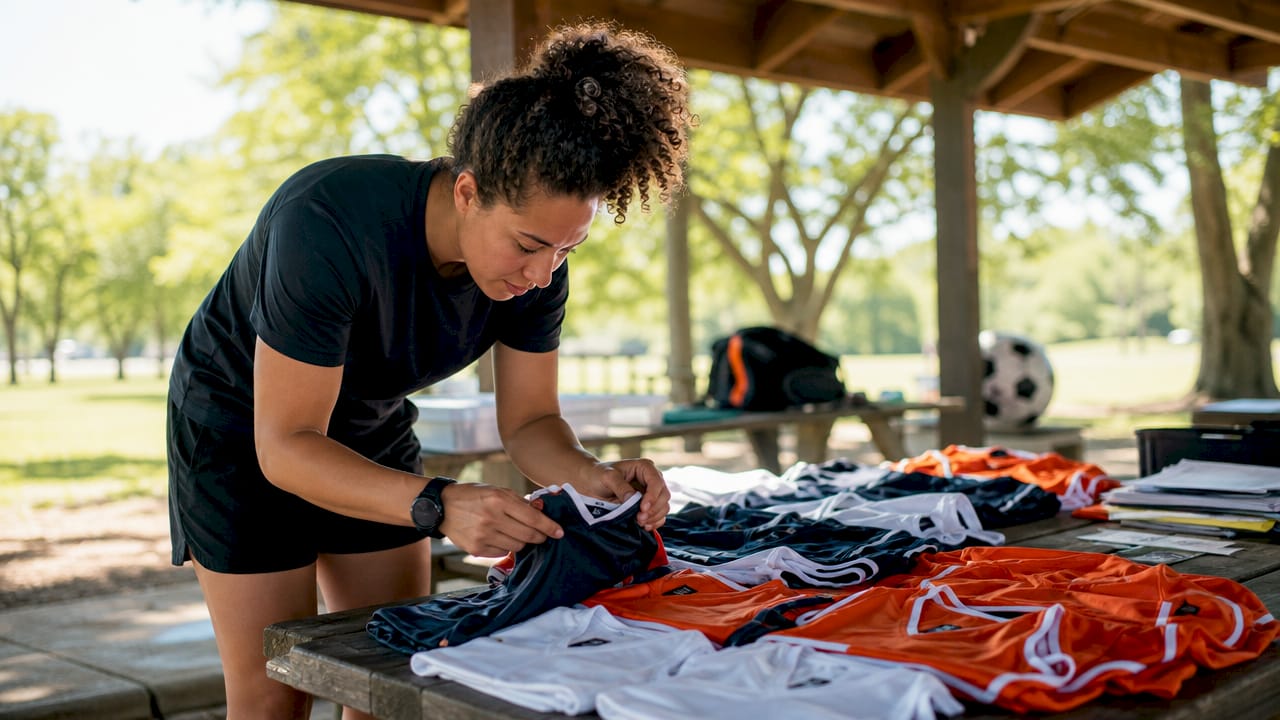 Coach sorting youth team jerseys in locker room
