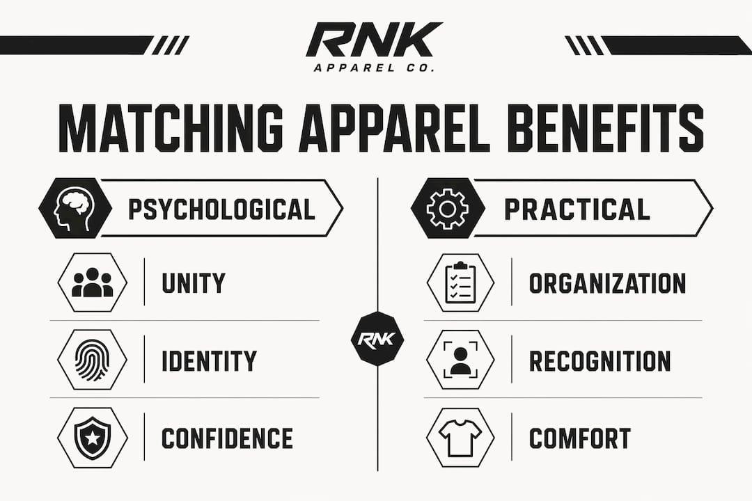 Infographic comparing psychological and practical benefits of matching apparel