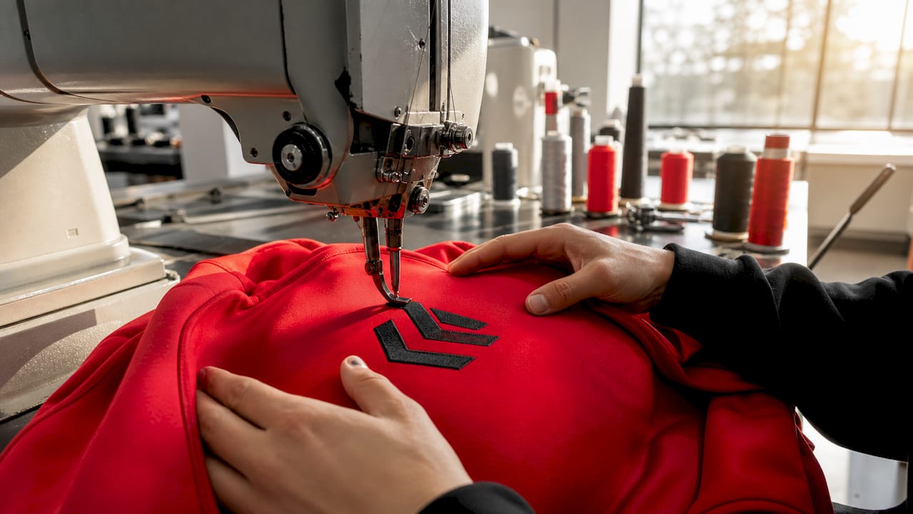 Close-up of embroidered logo on sports hoodie