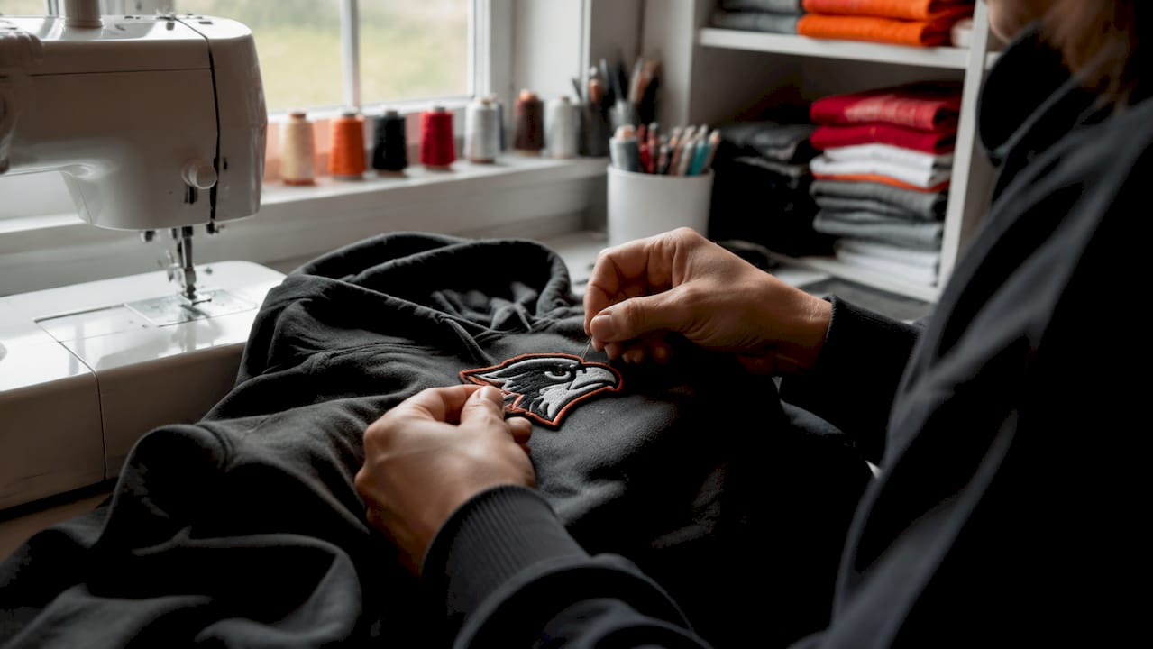 Hands sewing logo patch on sweatshirt