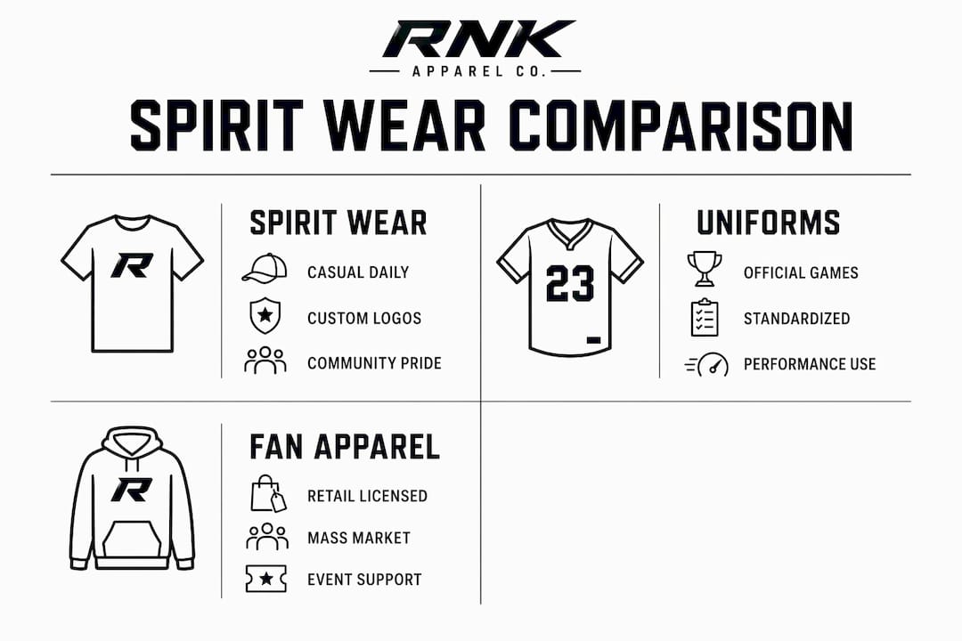 Infographic comparing spirit wear, uniforms, fan apparel