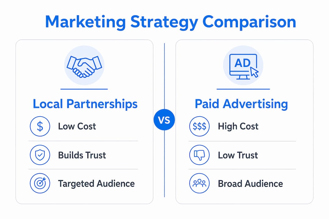 Infographic comparing local partnerships and paid advertising