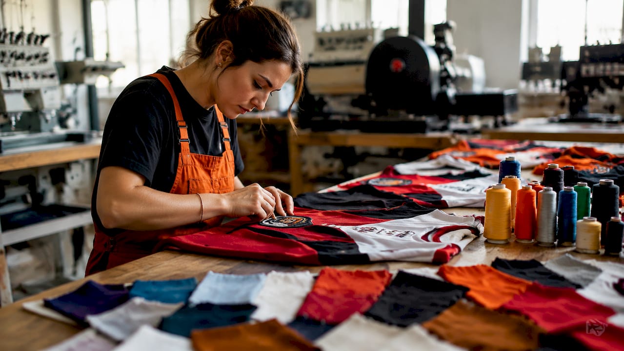 Hands stitching embroidery on youth hockey shirts