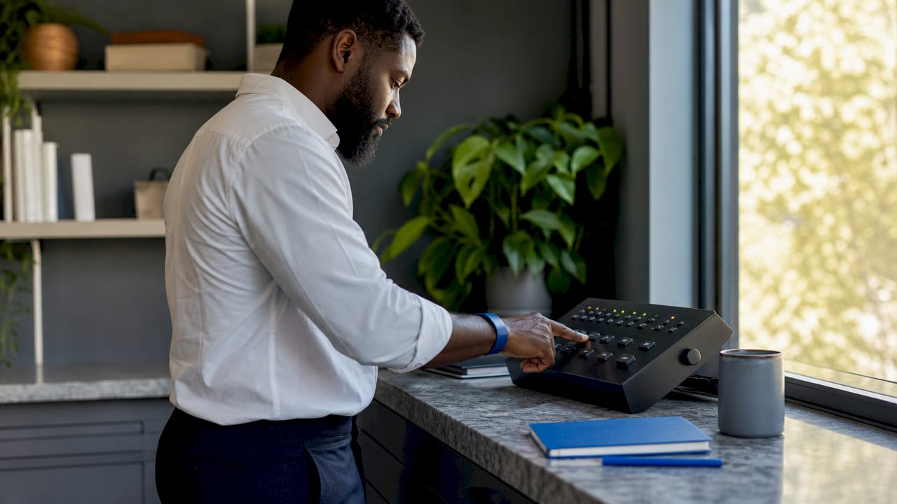 Hands configuring device controls in tech workspace