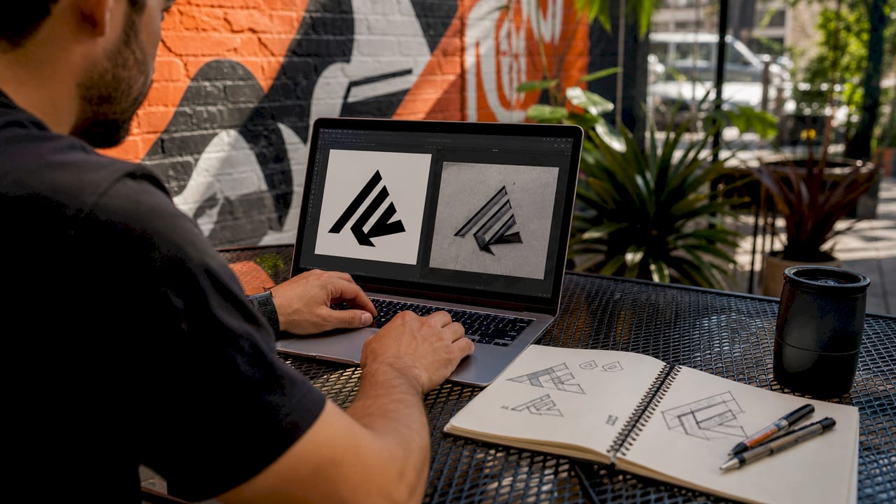 Hands comparing vector and raster logo files on monitor