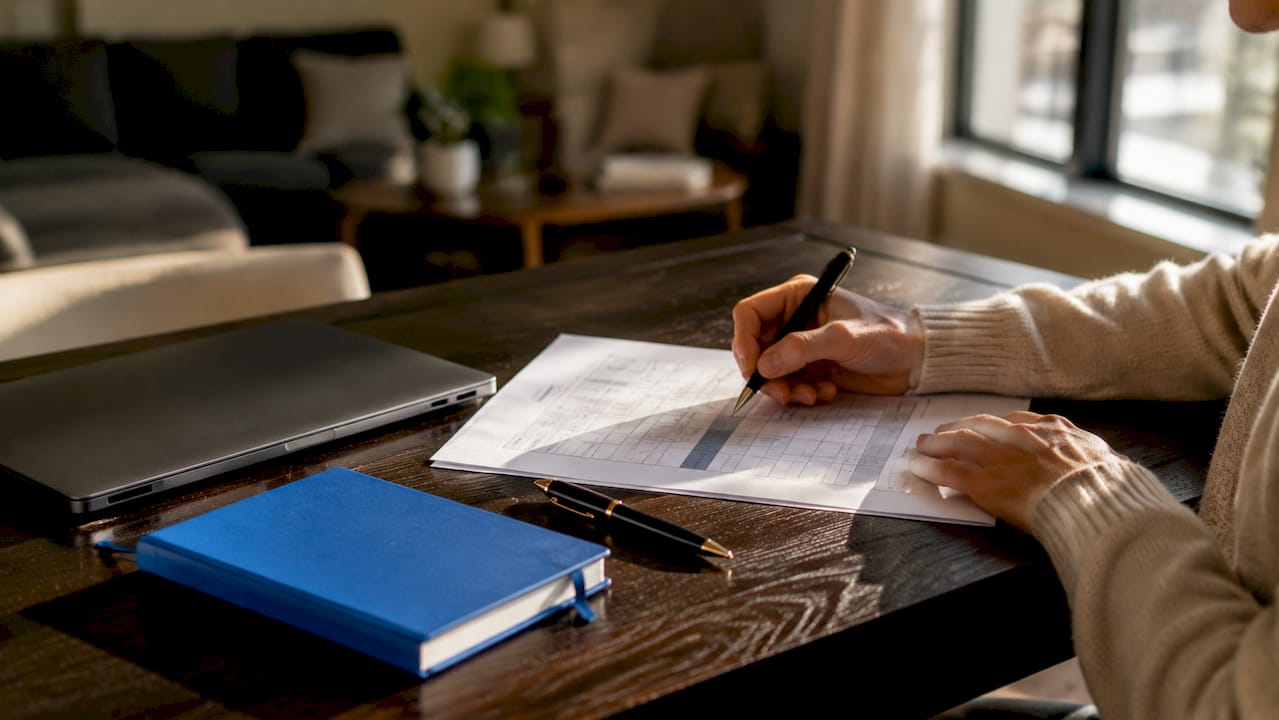 Hands completing marketing planning worksheet
