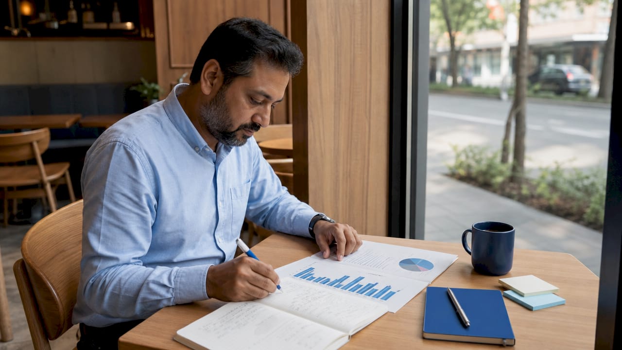 Local business owner analyzing SEO data at desk