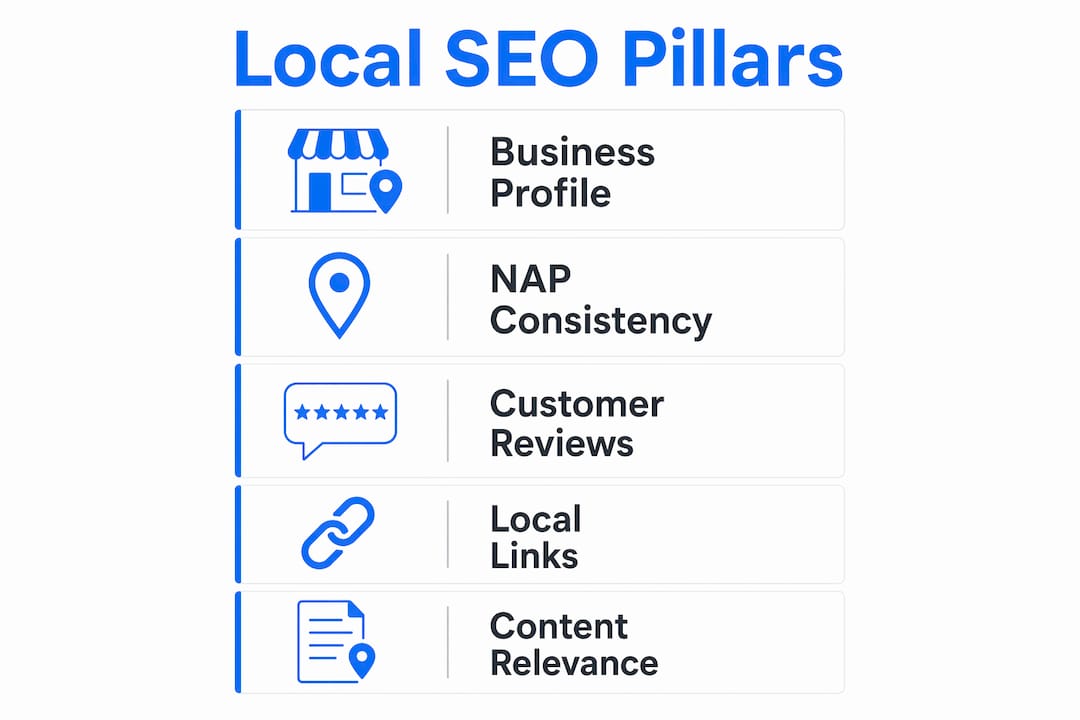 Infographic showing key pillars of local SEO success