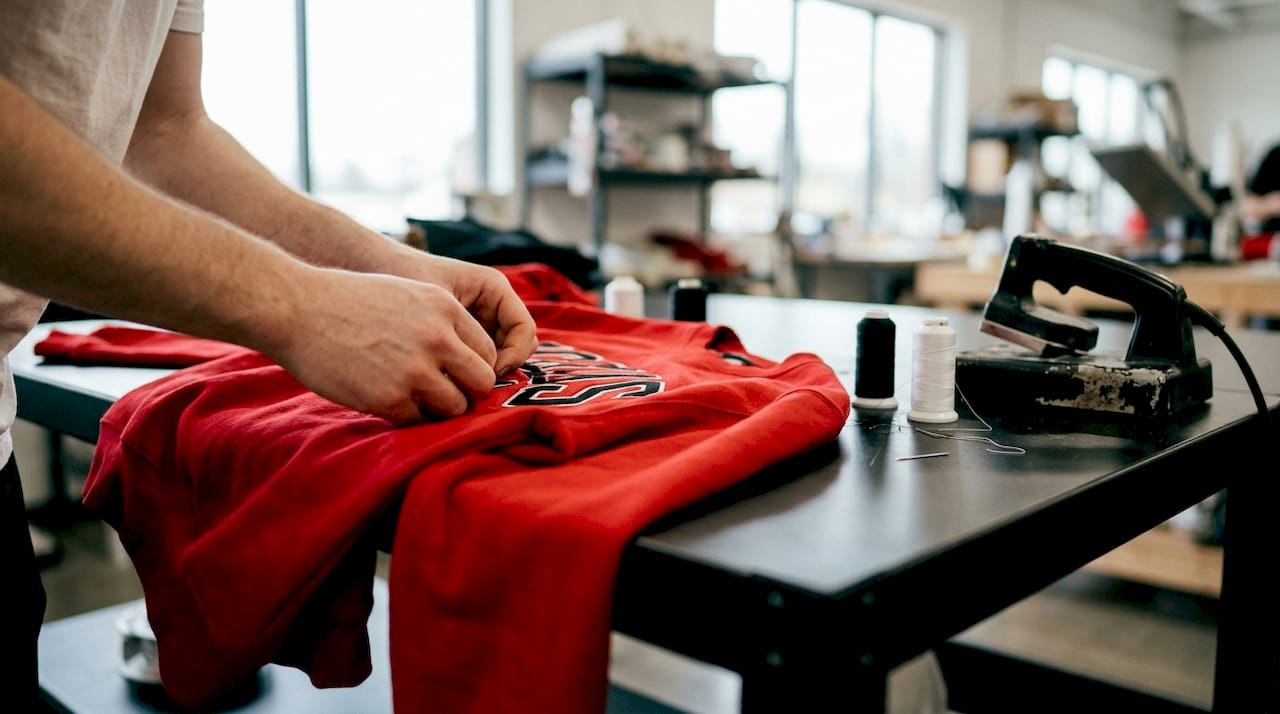 Hands adjusting embroidery on hockey sweatshirt fabric