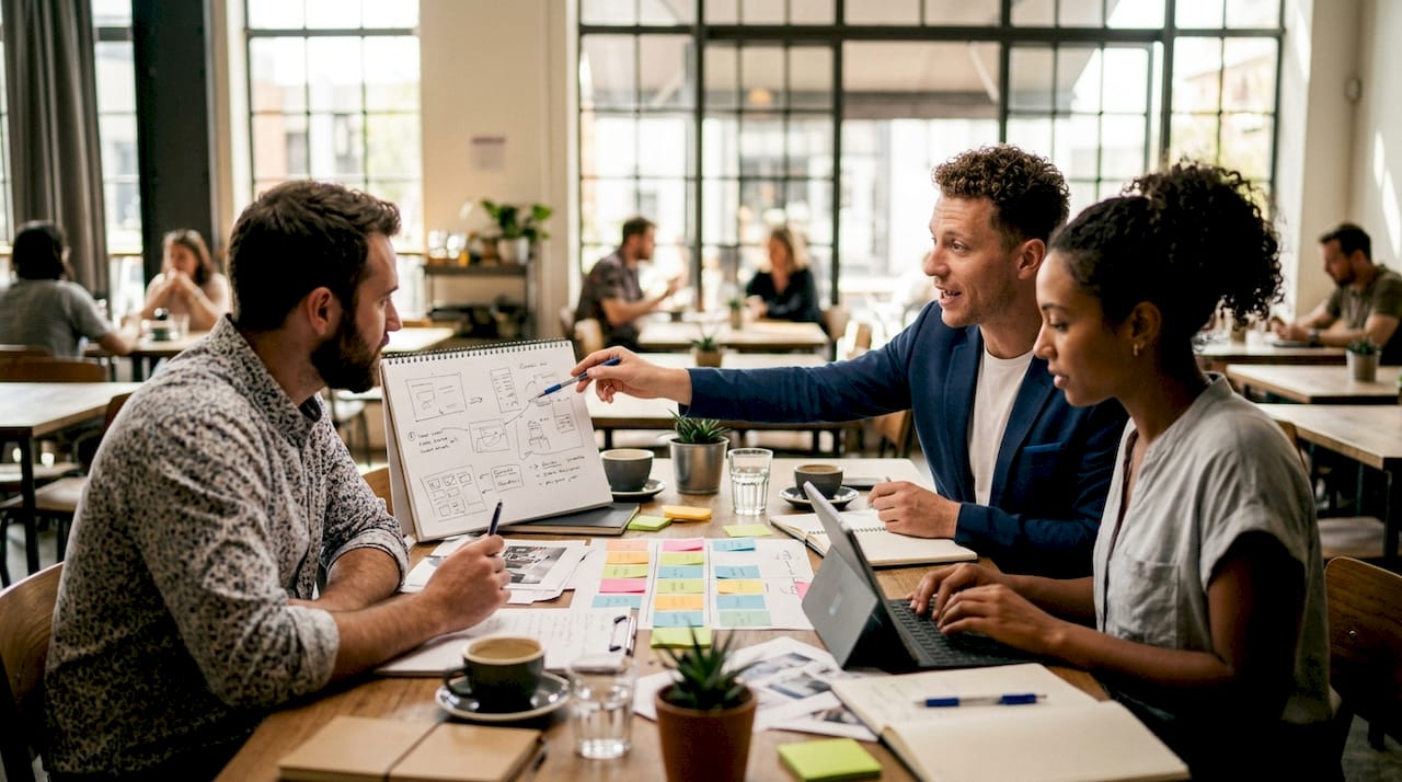 Entrepreneur team collaborating on startup story architecture