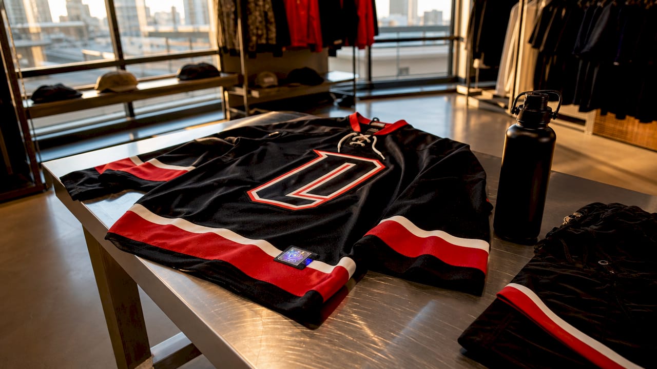 Close-up of authentic hockey jersey details on table