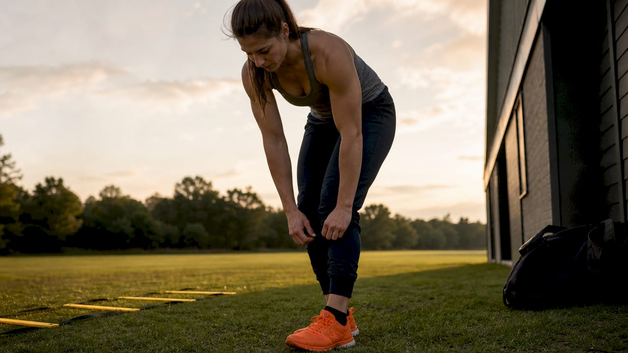 Female hockey player adjusting training joggers on dryland rink