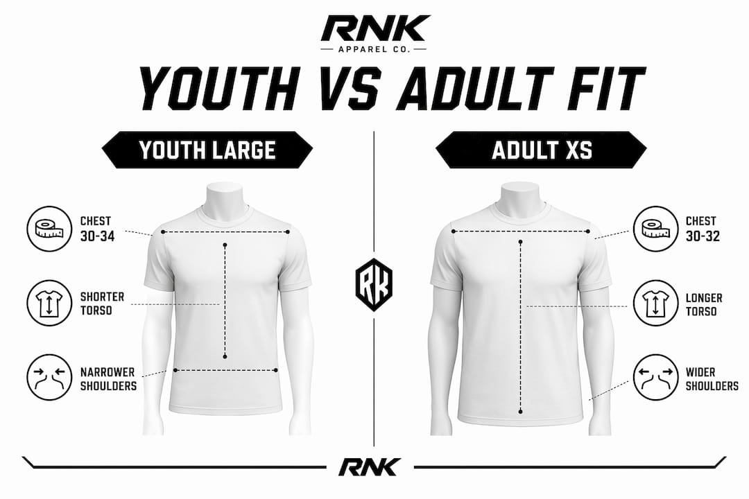 Infographic comparing youth vs adult hockey sizing