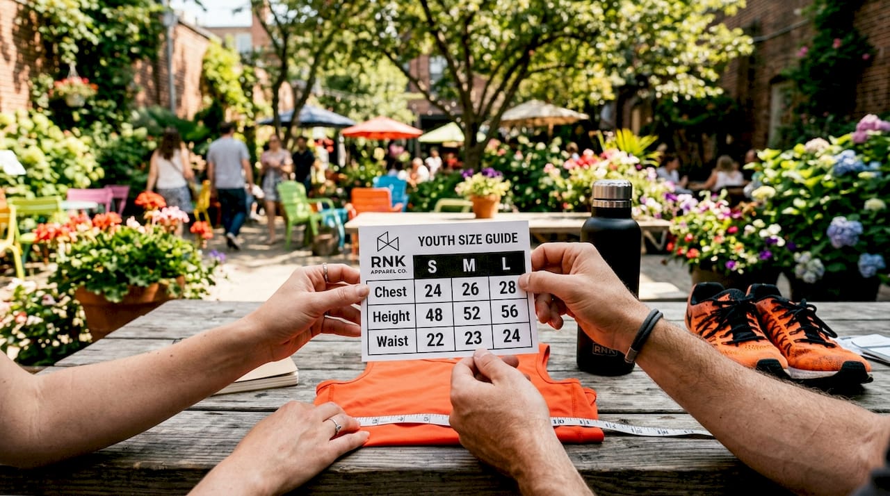 Hands holding youth apparel size chart over table
