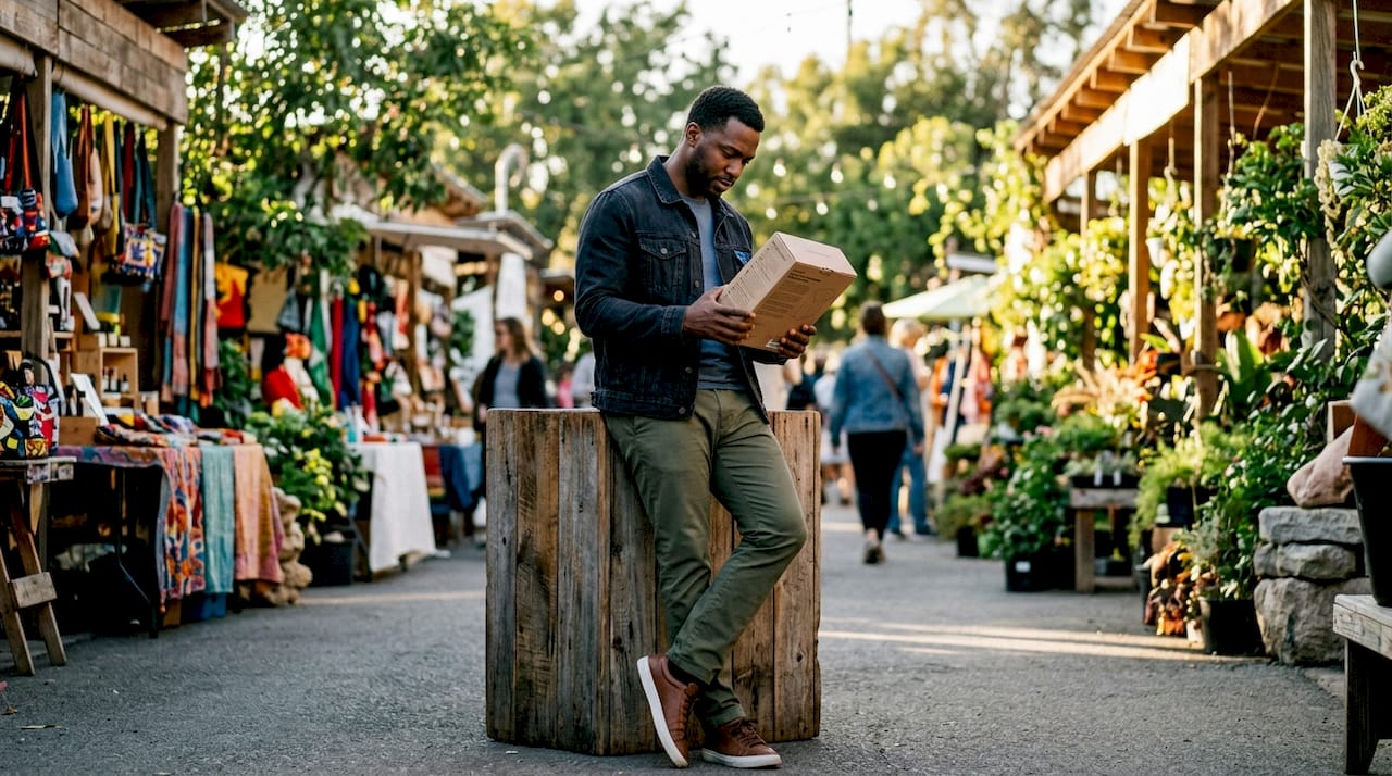 Shopper reading customer reviews on product packaging