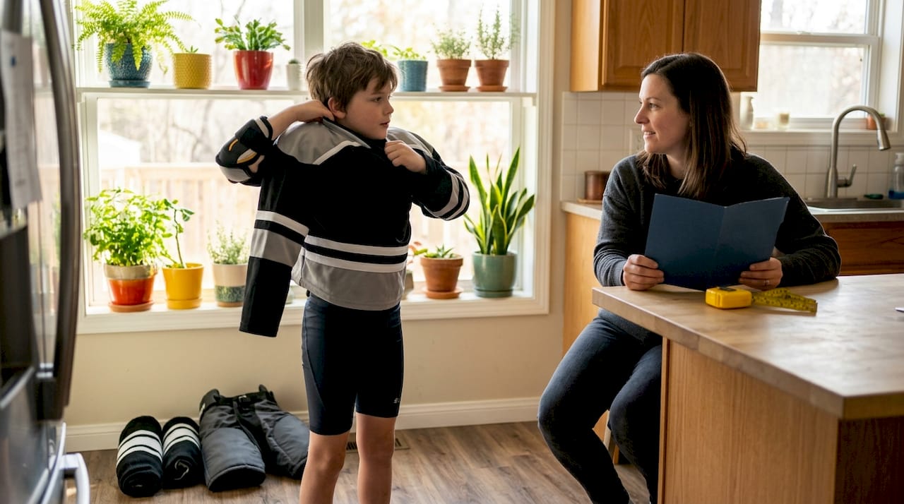 Child trying on hockey jersey at home