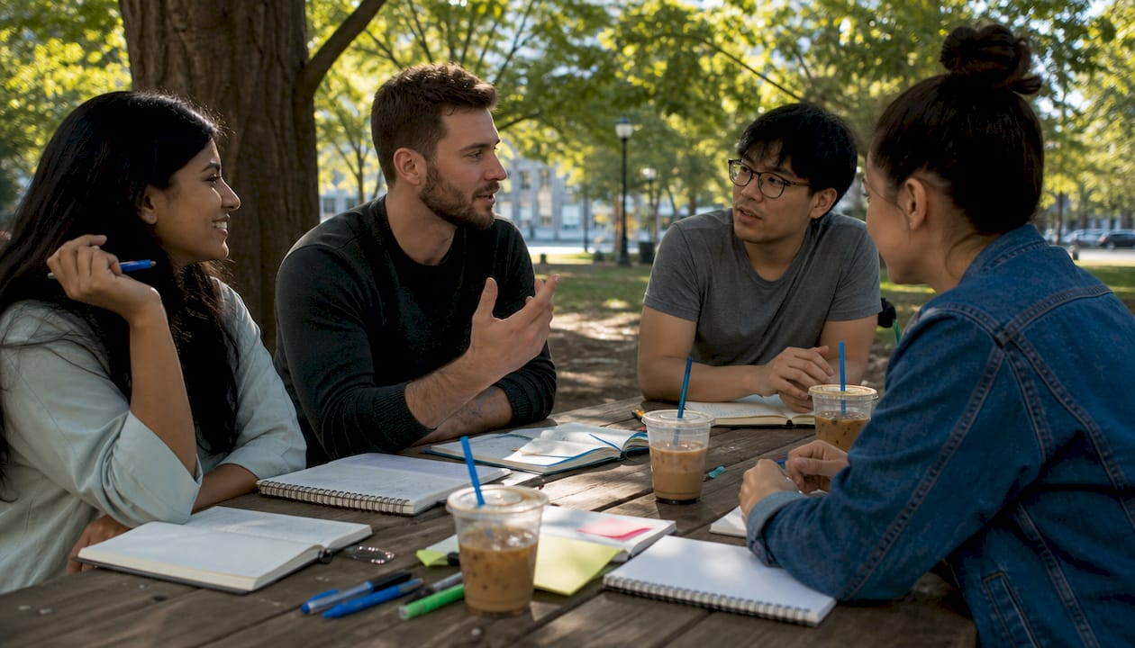 Startup team discussing product branding in café