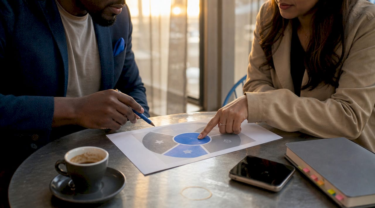Hands pointing to brand positioning chart