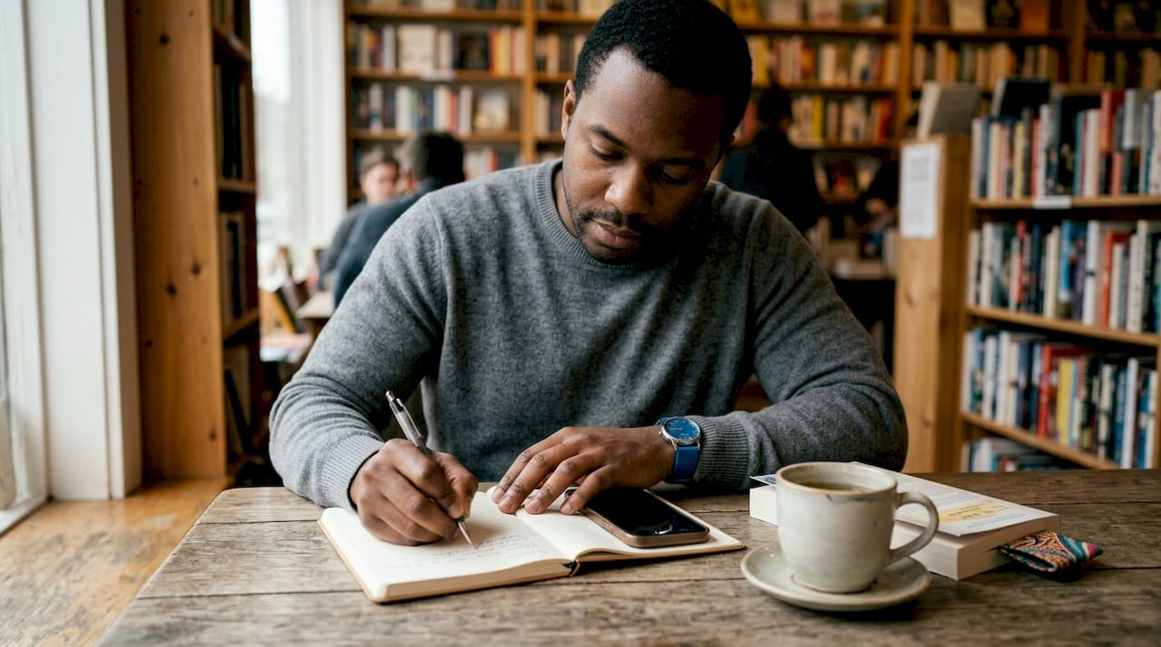 Hands writing notes near smartphone in coffee shop