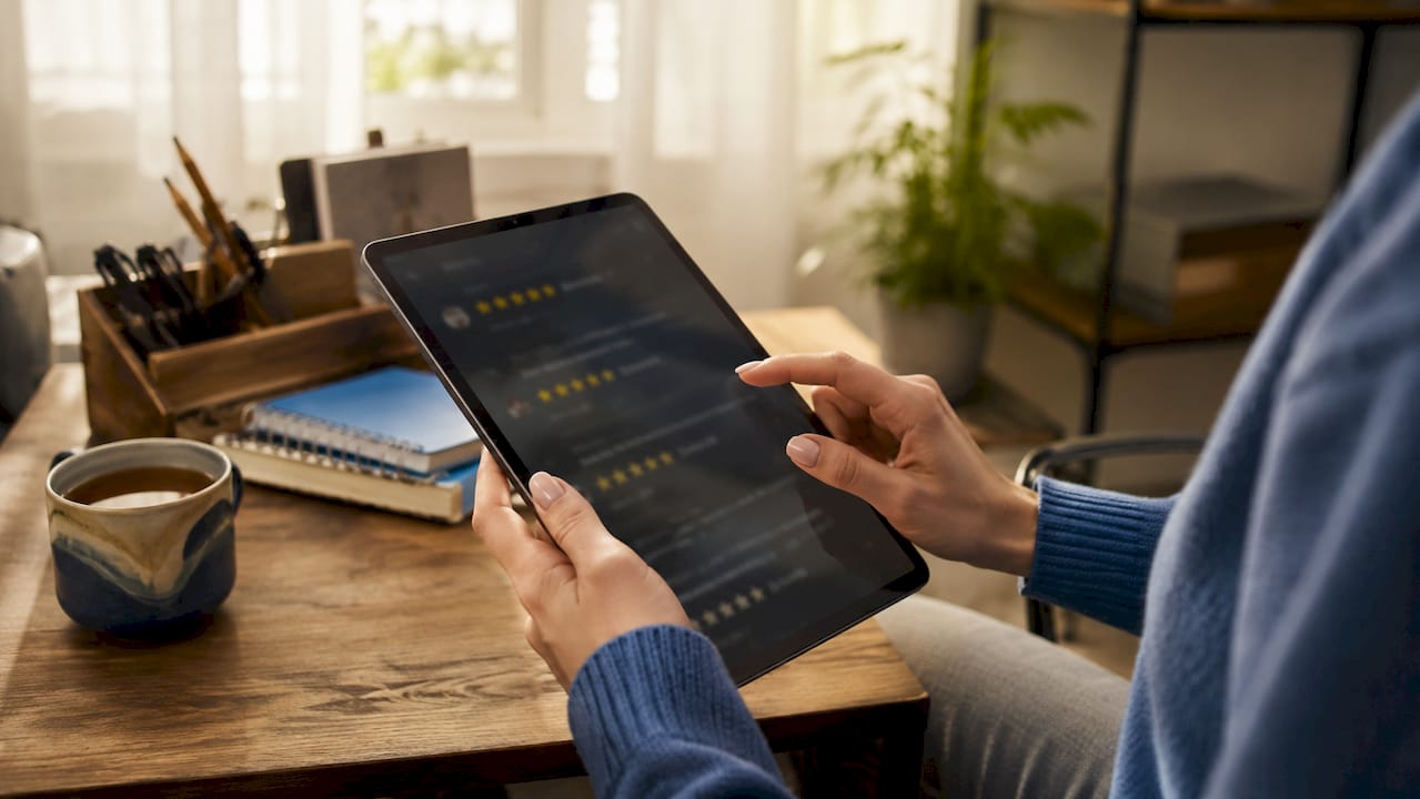 Hands scrolling customer star ratings on smartphone
