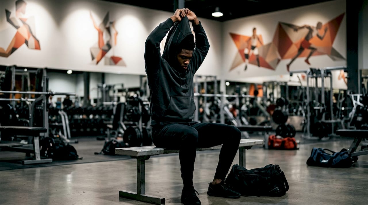 Athlete warming up in team hoodie locker room