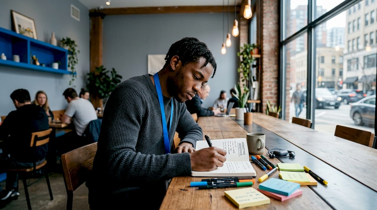 Man writing marketing objectives in coworking space
