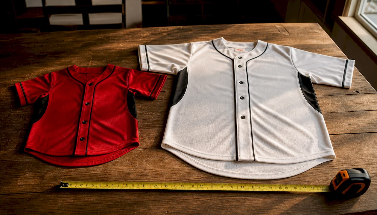 Youth and adult sports jerseys side by side comparison