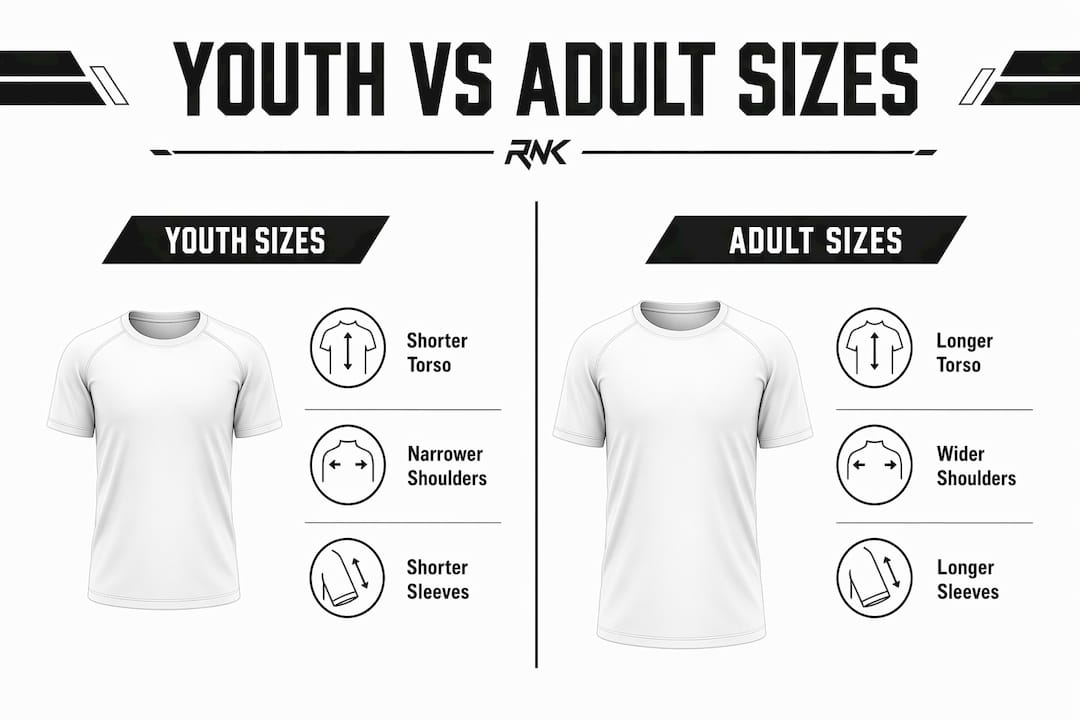 Infographic comparing youth and adult sports apparel sizes