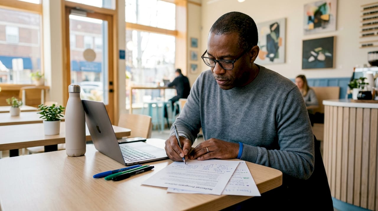 Man writing referral program notes at home office desk