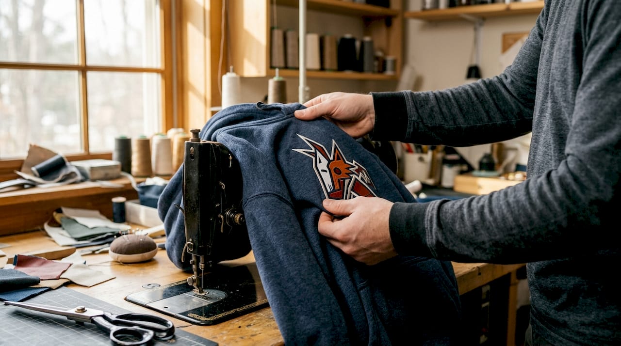 Hands examining custom hockey hoodie fabric and embroidery