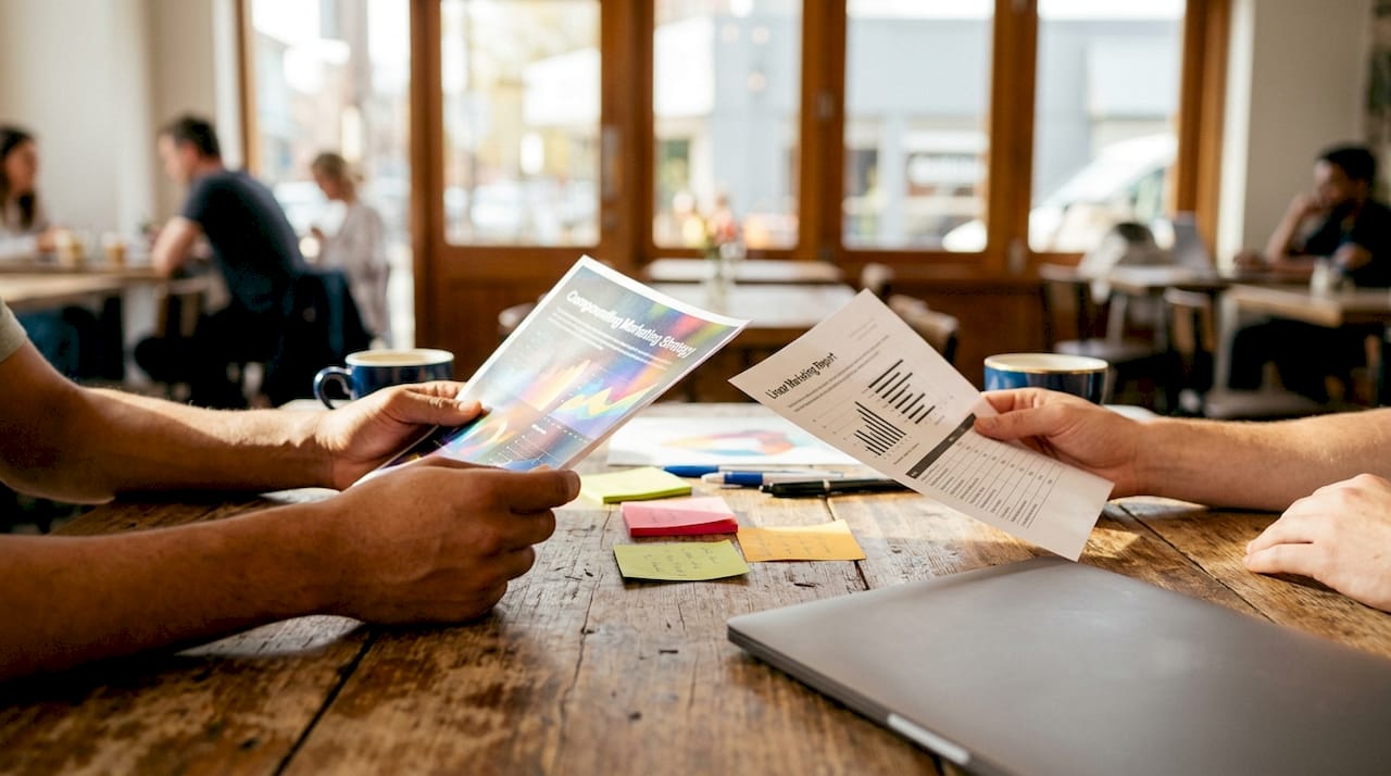 Hands holding contrasting marketing strategy papers