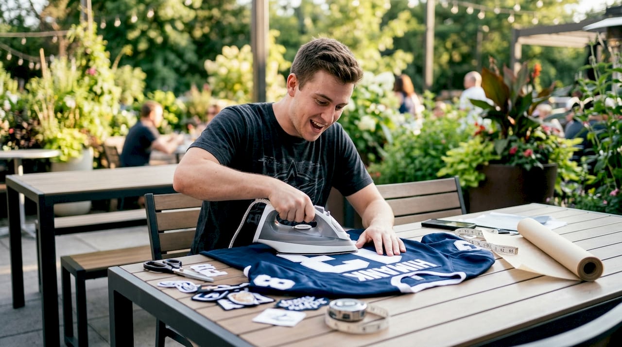 Fan customizing hockey jersey at home kitchen table