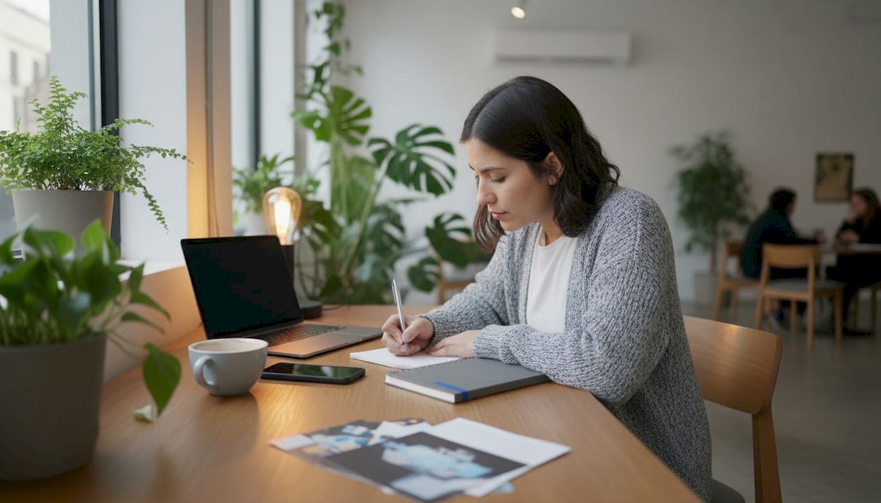 Woman planning offline marketing campaign at desk