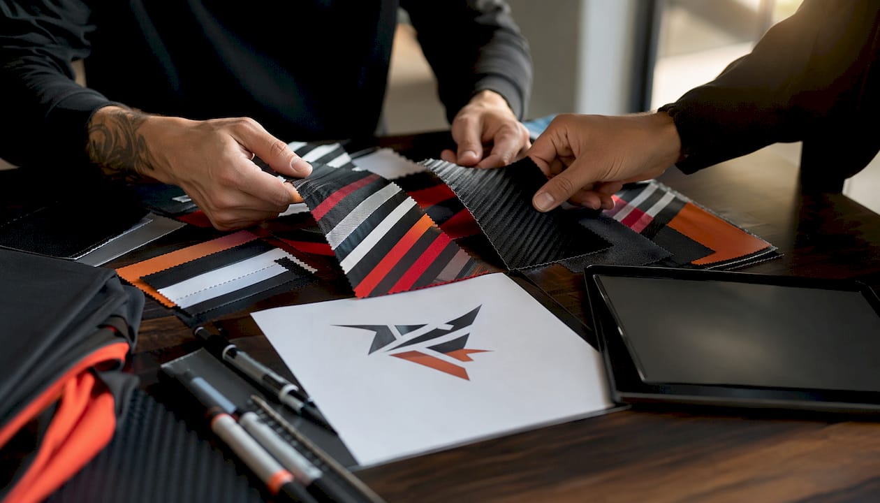 Hands selecting fabric and design samples